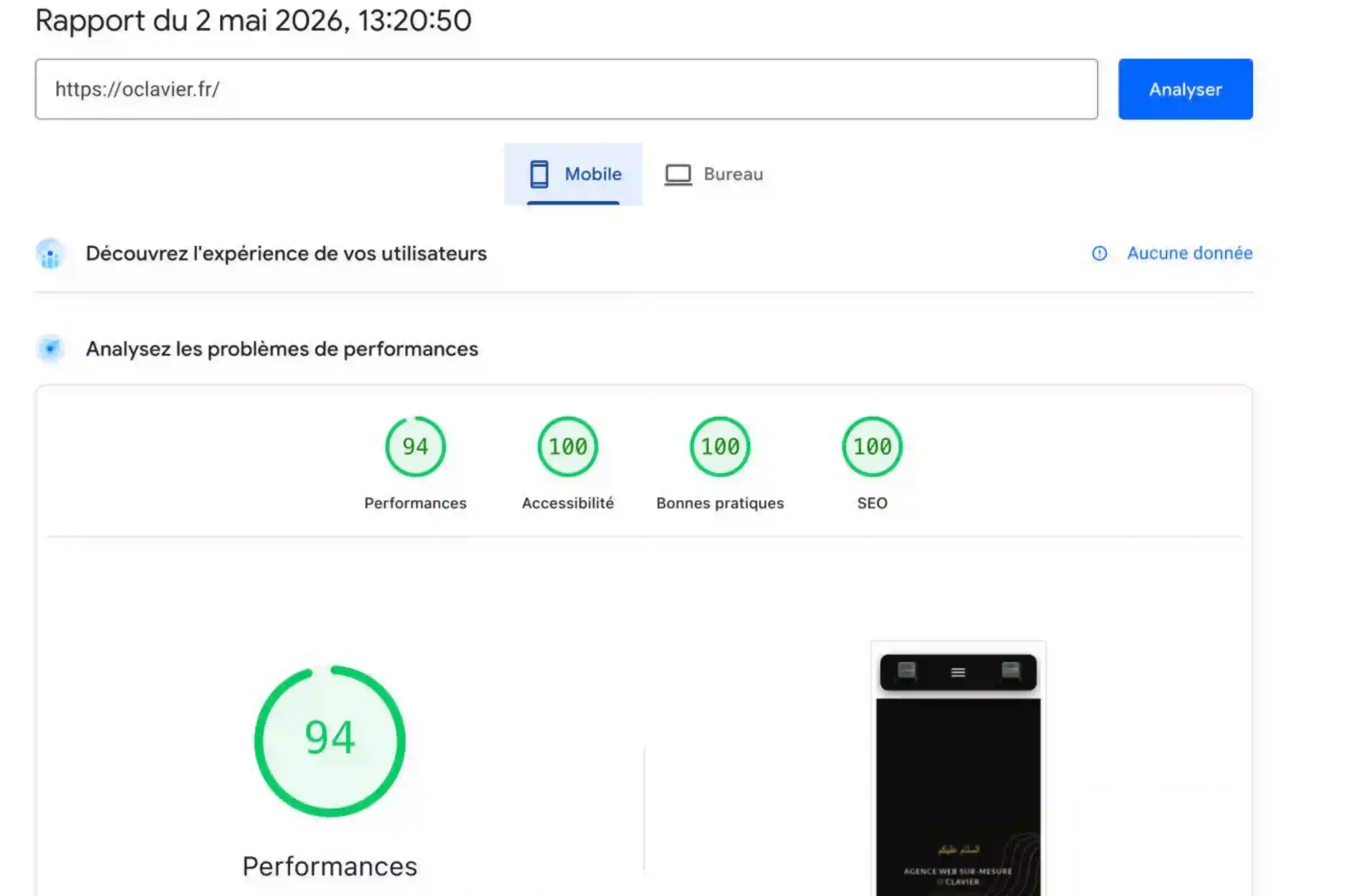 Score PageSpeed Mobile O'Clavier - Performance optimale sur smartphone et tablette