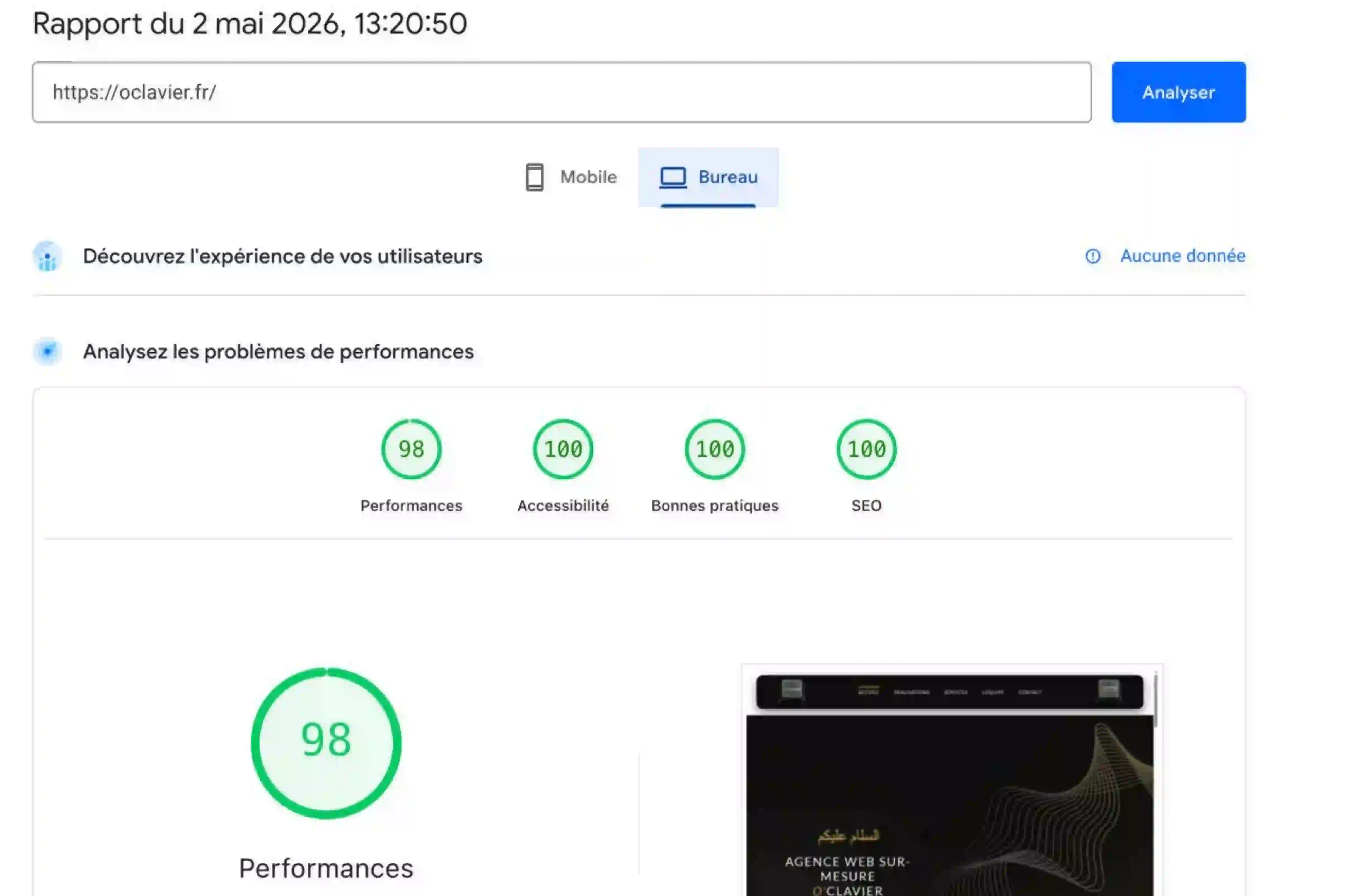 Score PageSpeed Desktop O'Clavier - Performance optimale sur ordinateur